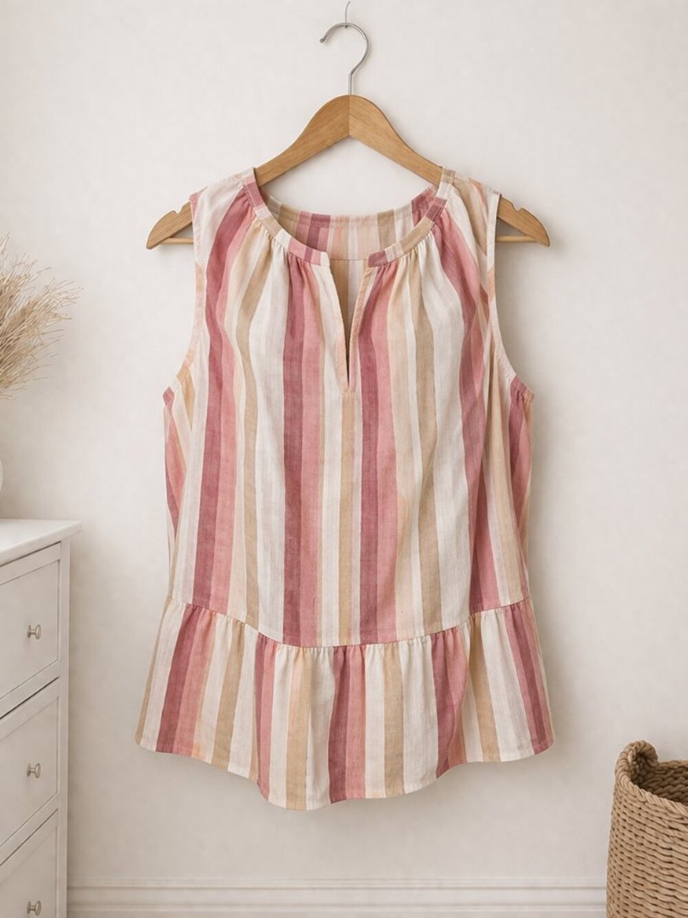 GAP Striped Cotton Gauze Peplum Top Sleeveless Split Neck Coral Pink Size M - Picture 2 of 6